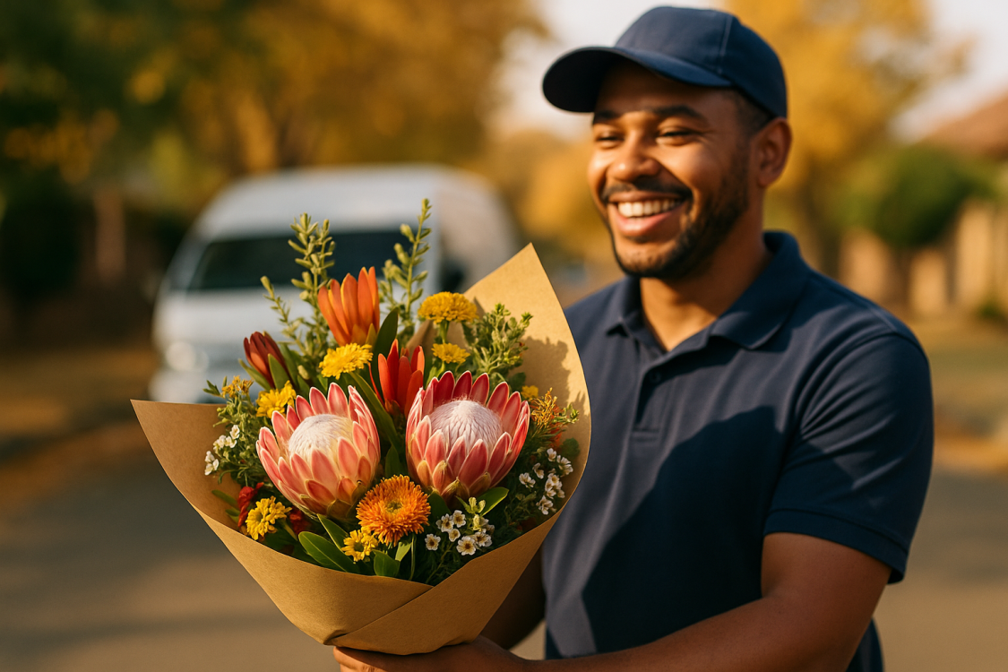 A vibrant, freshly-arranged bouquet of native South African flowers being handed to a smiling recipient in Johannesburg.